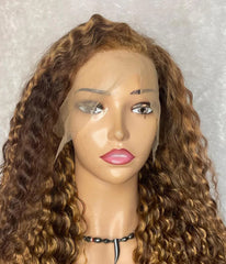 Frontal Lace Curly Wig in Golden Brown Highlight